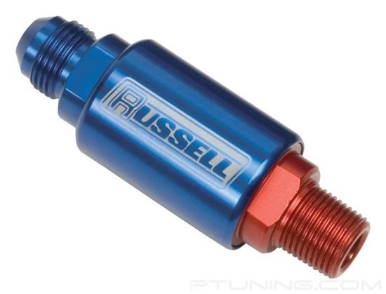 Picture of Competition Fuel Filter (3-1/4" Length, 1-1/4" Diameter, 8AN Male to 3/8" NPT Male Inlet/Outlet) - Red/Blue - Blue