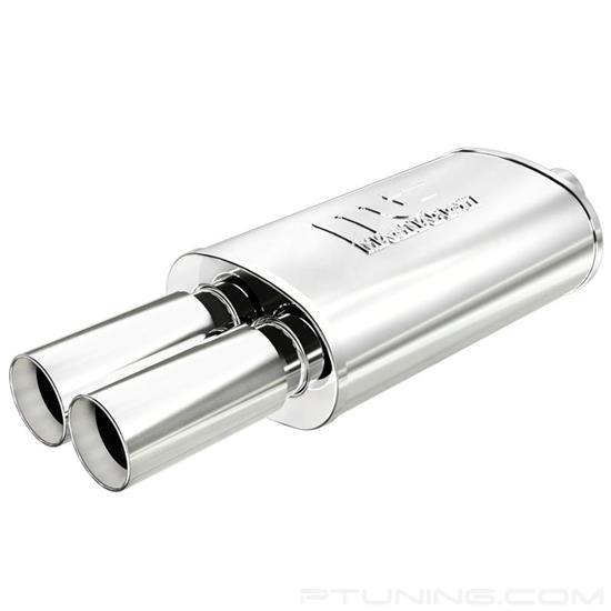 Picture of Street Series Stainless Steel Oval Polished Exhaust Muffler with Double-Wall Dual Round Straight Cut Tips (2.25" Center ID, 3" Dual OD, 14" Length)