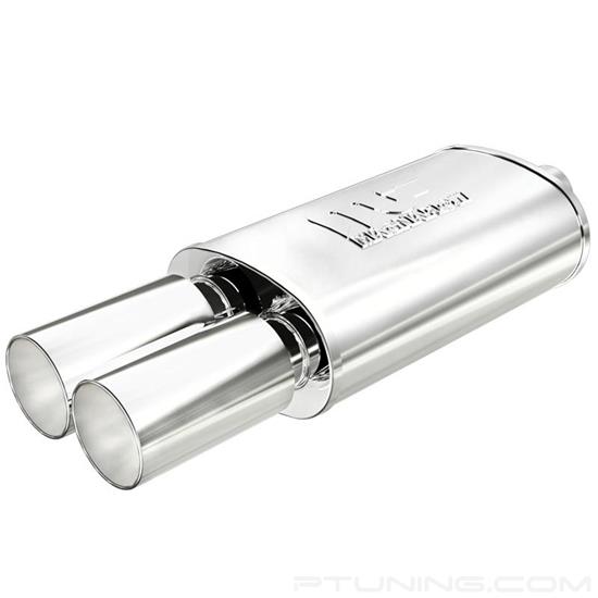 Picture of Street Series Stainless Steel Oval Polished Exhaust Muffler with Double-Wall Dual Round Straight Cut Tips (2.25" Center ID, 3.5" Dual OD, 14" Length)