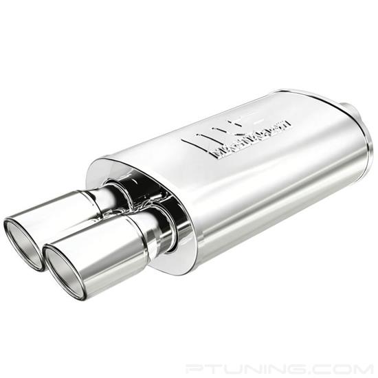 Picture of Street Series Stainless Steel Oval Polished Exhaust Muffler with Double-Wall Dual Round Angle Cut Tips (2.25" Center ID, 3" Dual OD, 14" Length)