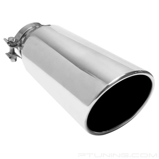 Picture of Stainless Steel Round 15 Degree Rolled Edge Angle Cut Clamp-On Single-Wall Polished Exhaust Tip (4" Inlet, 5" Outlet, 13" Length)