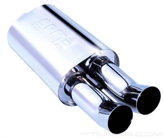 Picture of Boomer Series Stainless Steel Oval Spit Fire Race Exhaust Muffler (2.25" Center ID, 3" Dual OD, 14" Length)