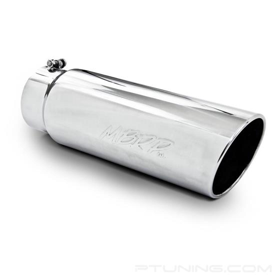 Picture of 304 SS Round Rolled Edge Angle Cut Clamp-On Mirror Polished Exhaust Tip (5" Inlet, 6" Outlet, 18" Length)