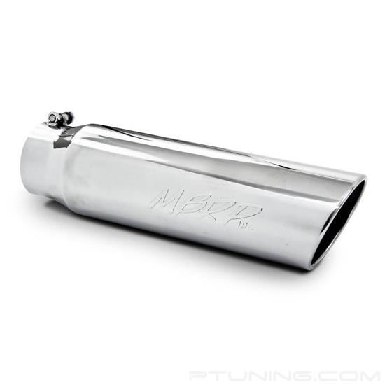 Picture of 304 SS Round Rolled Edge Angle Cut Clamp-On Mirror Polished Exhaust Tip (4" Inlet, 5" Outlet, 18" Length)
