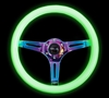 Picture of Classic Wood Grain Steering Wheel (350mm) - Glow-In-The-Dark Green Grip with Neochrome 3-Spoke Center