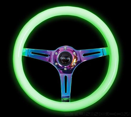 Picture of Classic Wood Grain Steering Wheel (350mm) - Glow-In-The-Dark Green Grip with Neochrome 3-Spoke Center