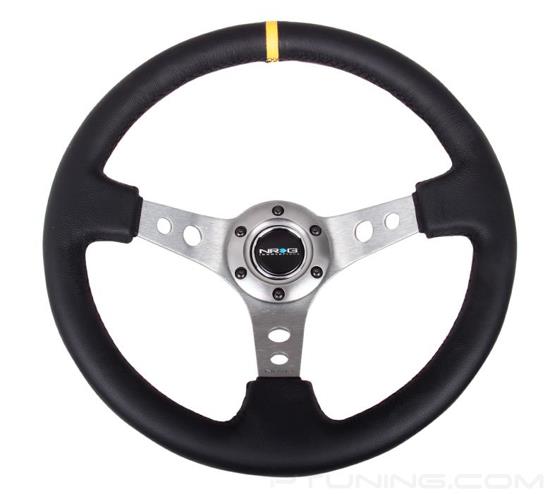 Picture of Deep Dish Reinforced Steering Wheel (350mm / 3" Deep) - Black Leather with Gunmetal Cutout Spoke, Yellow CM