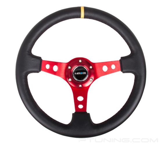 Picture of Deep Dish Reinforced Steering Wheel (350mm / 3" Deep) - Black Leather with Red Spokes, Sgl Yellow Center Mark