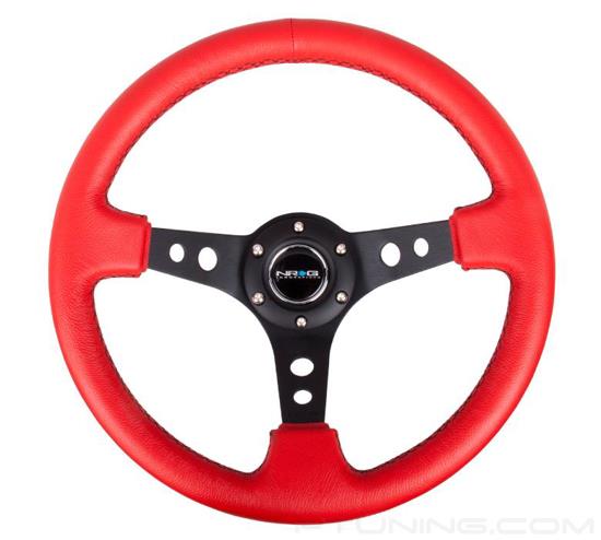 Picture of Deep Dish Reinforced Steering Wheel (350mm / 3" Deep) - Red Leather / Black Stitch with Black Circle Cutout Spokes