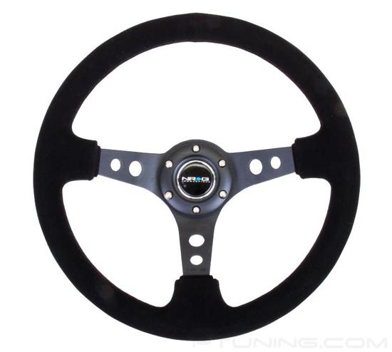 Picture of Deep Dish Reinforced Steering Wheel (350mm / 3" Deep) - Black Suede / Black Stitch with Black Circle Cutout Spokes