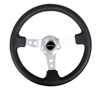 Picture of Deep Dish Reinforced Steering Wheel (350mm / 3" Deep) - Black Leather with Silver Spoke, Circle Cutouts