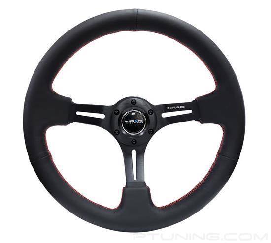 Picture of Deep Dish Reinforced Steering Wheel (350mm / 3" Deep) - Black Leather / Red Stitch, Black 3-Spoke with Slits