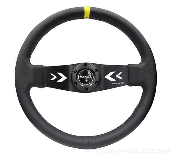 Picture of Deep Dish Reinforced Steering Wheel (350mm / 3" Deep) - Black Leather with Arrow-Cut 2-Spoke, Sgl Yellow CM