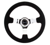 Picture of Deep Dish Reinforced Steering Wheel (350mm / 3" Deep) - Black Suede with Red BBall Stitch, Chrome 3-Spoke