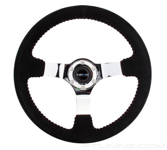 Picture of Deep Dish Reinforced Steering Wheel (350mm / 3" Deep) - Black Suede with Red BBall Stitch, Chrome 3-Spoke