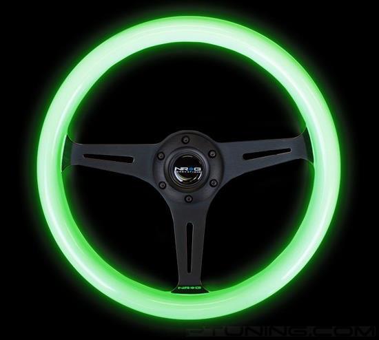 Picture of Classic Wood Grain Steering Wheel (350mm) - Glow-In-The-Dark Green Grip with Black 3-Spoke Center