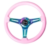 Picture of Classic Wood Grain Steering Wheel (350mm) - Solid Pink Painted Grip with Neochrome 3-Spoke Center
