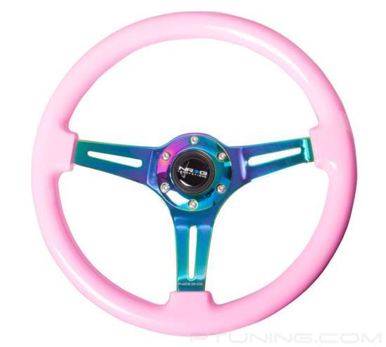 Picture of Classic Wood Grain Steering Wheel (350mm) - Solid Pink Painted Grip with Neochrome 3-Spoke Center