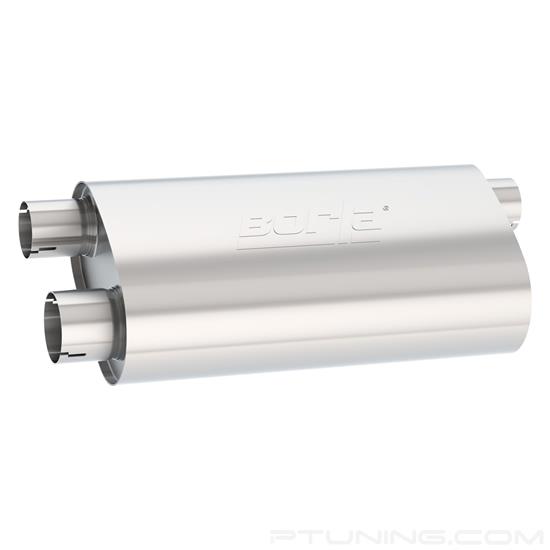 Picture of Transverse Flow Stainless Steel Oval Notched Exhaust Muffler (3" Offset ID, 3" Dual OD, 19" Length)