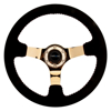 Picture of Deep Dish Reinforced Steering Wheel (350mm / 3" Deep) - Black Suede with Red BBall Stitch, Chrome Gold 3-Spoke