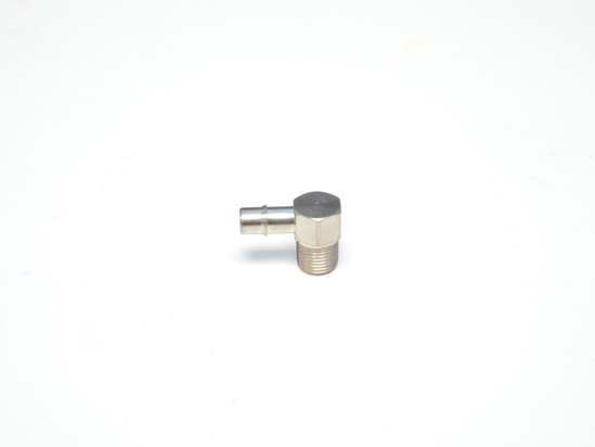 Picture of 1/8" NPT Male x 1/4" Single Barb, 90 Degree Compact Hose Fitting - Nickel Plated Brass